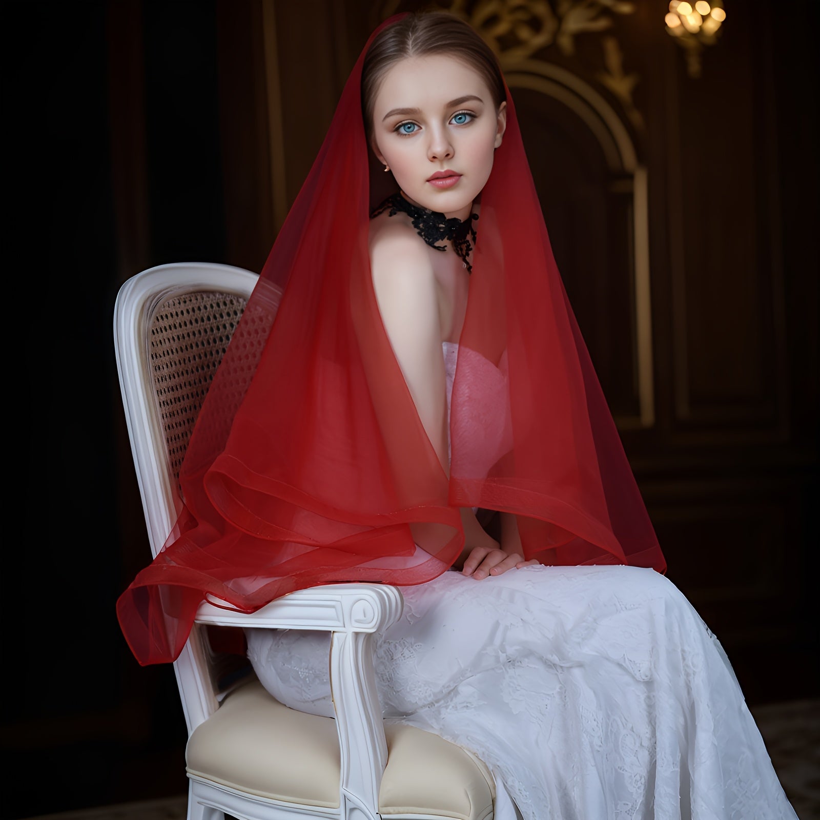 Red Bridal Veil 2-Tier Short Nylon Wedding and Party Accessory