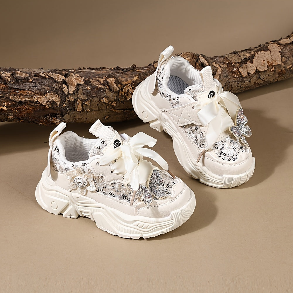 Girls' Casual Sneakers with Rhinestones and Butterfly Bow Lightweight Soft for Spring and Fall