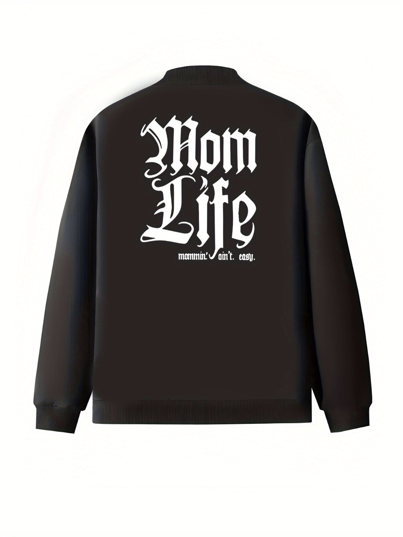 Women's Black Plus Size Jacket with "Mom Life" Back Print Zip-Up Coat