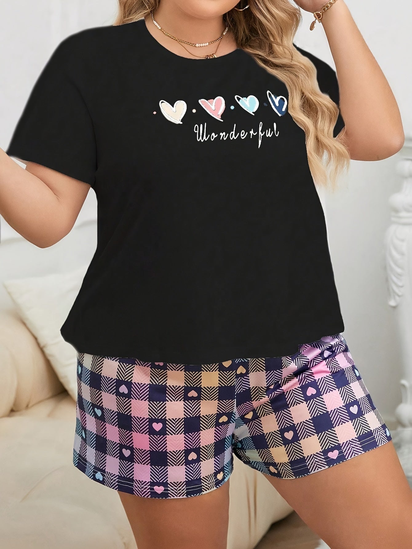 Plus Size Women’s Polyester Pajama Set with Heart Print and Plaid Shorts
