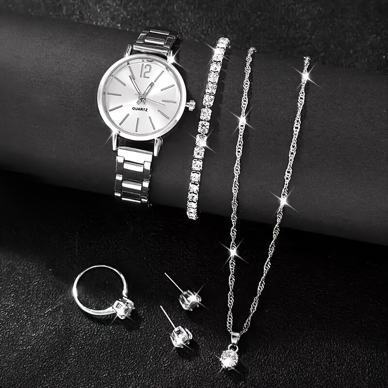 Women's Quartz Watch Jewelry Set with Synthetic Gemstones 6-Piece Gift