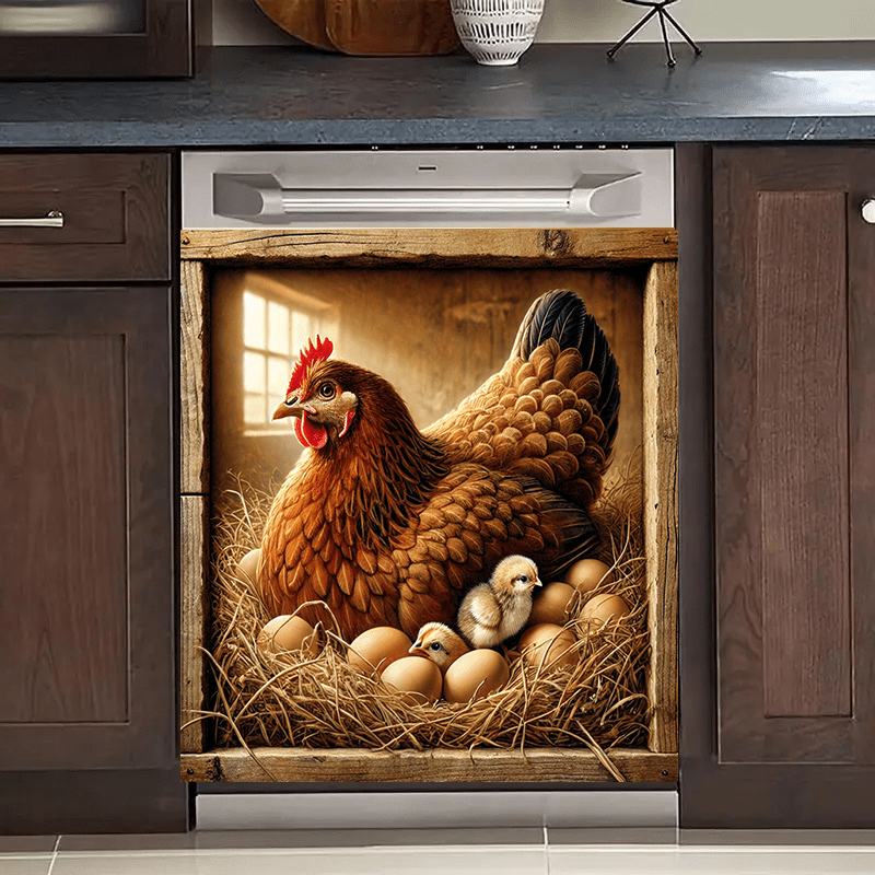 Mamlakat Hen and Chicks Dishwasher Magnet Cover Waterproof PVC Barnyard Egg Scene Kitchen Decor 58.5x65 cm