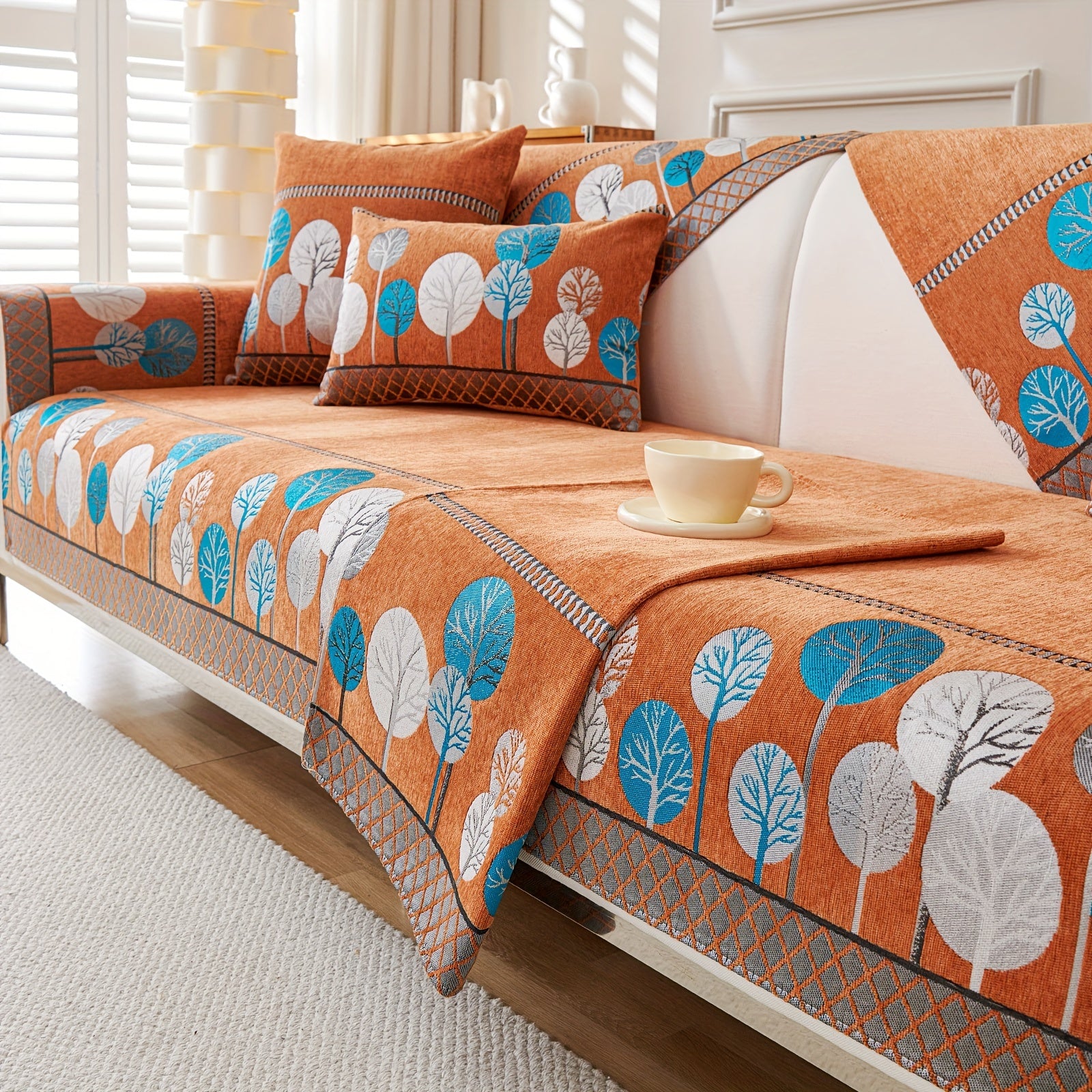 Boho Chic Jacquard Chenille Sofasi Qoplamasi Oygʻon Daraxt Mavzusi Boshqalar uchun Yoqimli Qattiq Yuvilishi Oʻz-oʻzidan yopishmaydigan Bardoshli Qalinlashtirilgan 4 oʻrindiqli kresloni mos keladi