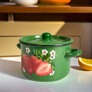 Enamel Cooking Pot 20cm with Strawberry Floral Design, Heat-Retaining Lid