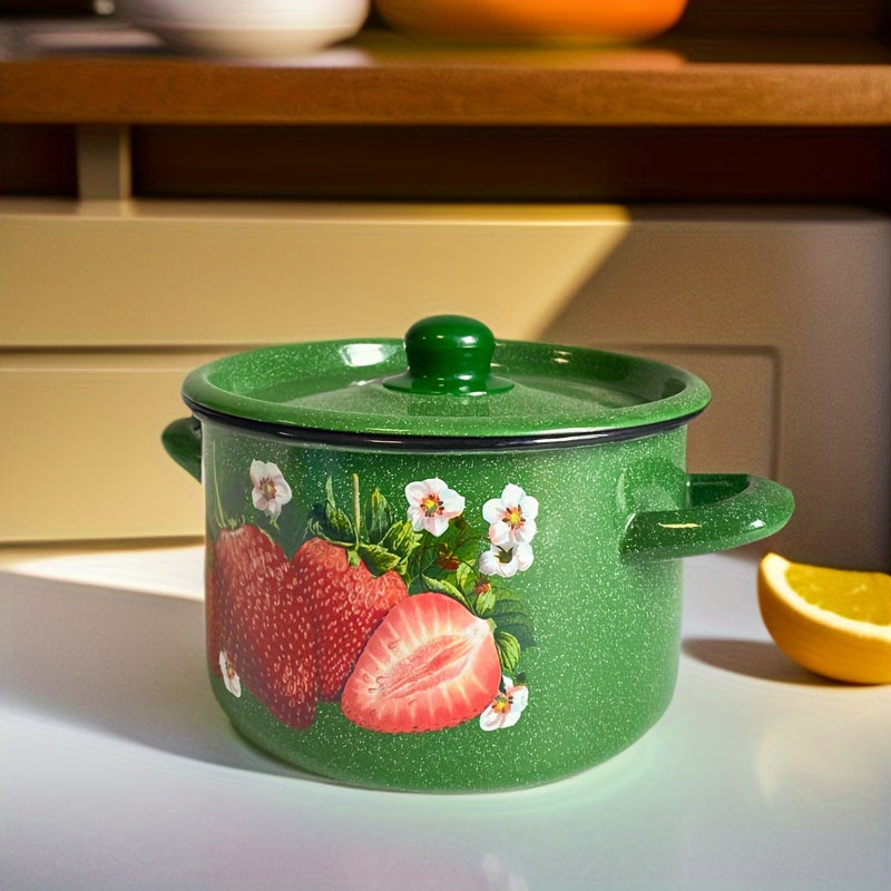 Enamel Cooking Pot 20cm with Strawberry Floral Design, Heat-Retaining Lid