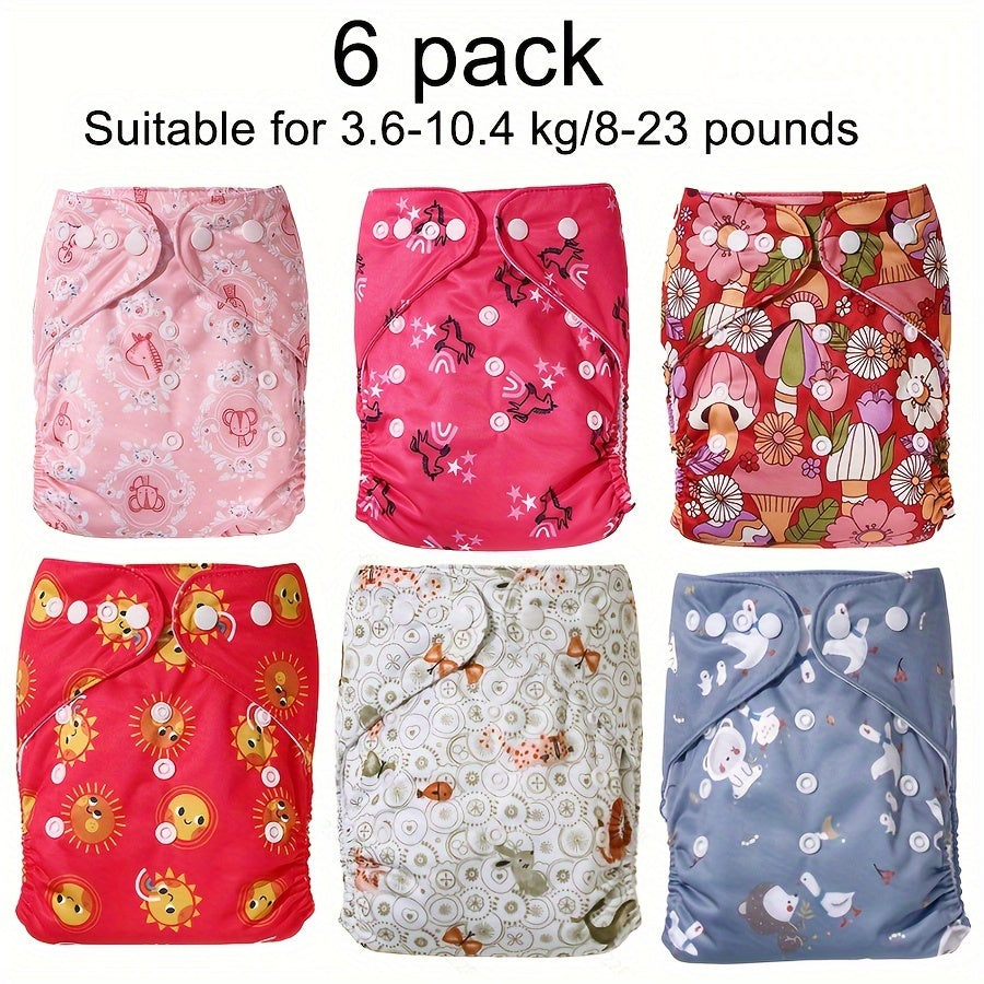 6-Pack Reusable Cloth Diapers for Babies Adjustable Washable Polyester Covers Variety of Patterns