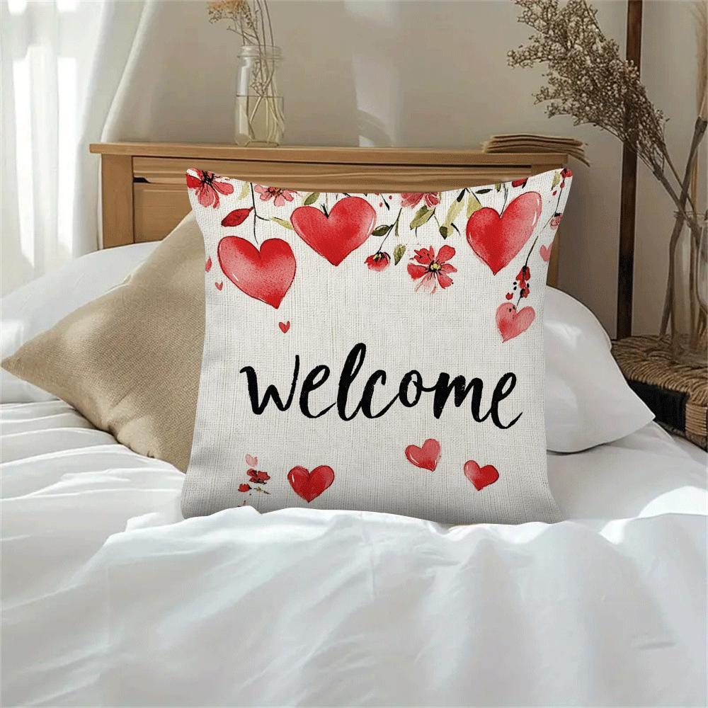 Red Heart and Floral Throw Pillow Cover 45cm Polyester Zippered Washable Decorative