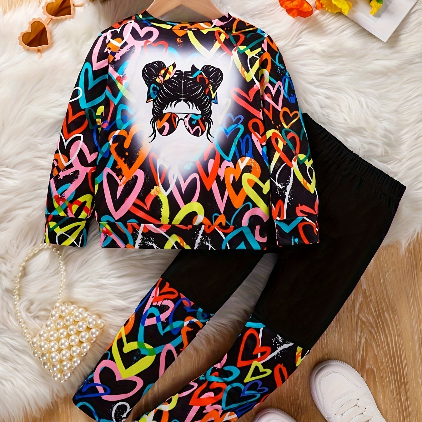 Kids Girls Heart Print Sweatshirt and Leggings Set Fall Winter Casual