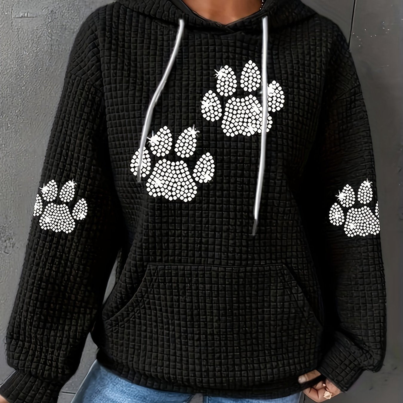 Plus Size Womens Hooded Sweatshirt with Rhinestone Paw Print Pullover