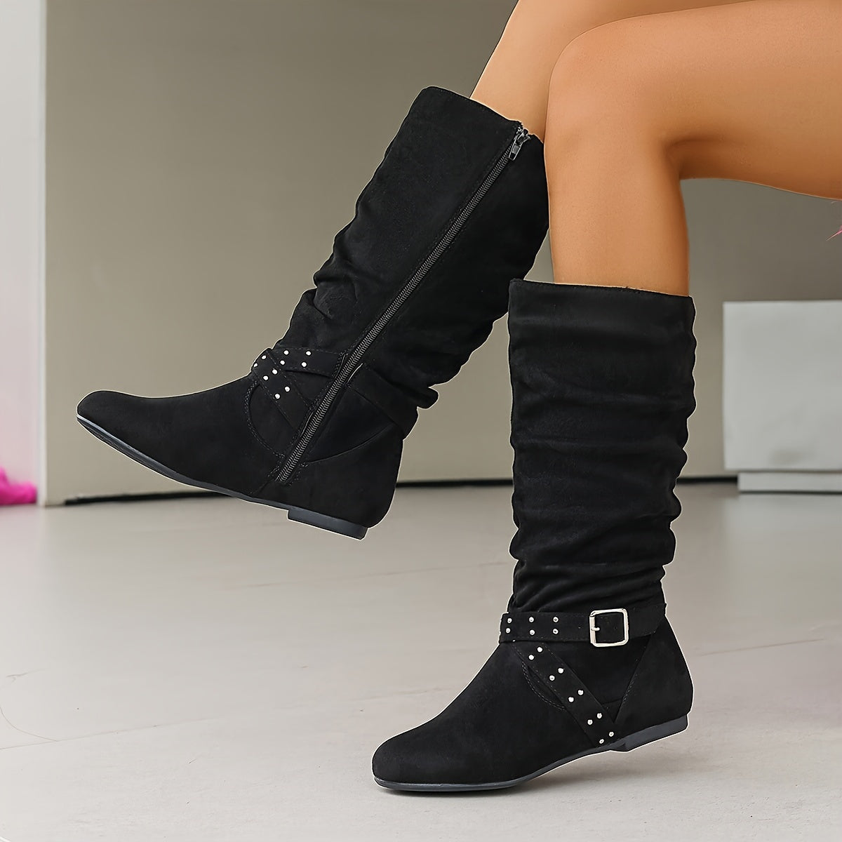 Women's Fabric Knee-High Boots Chelsea Style Zipper Round Toe Flat Sole