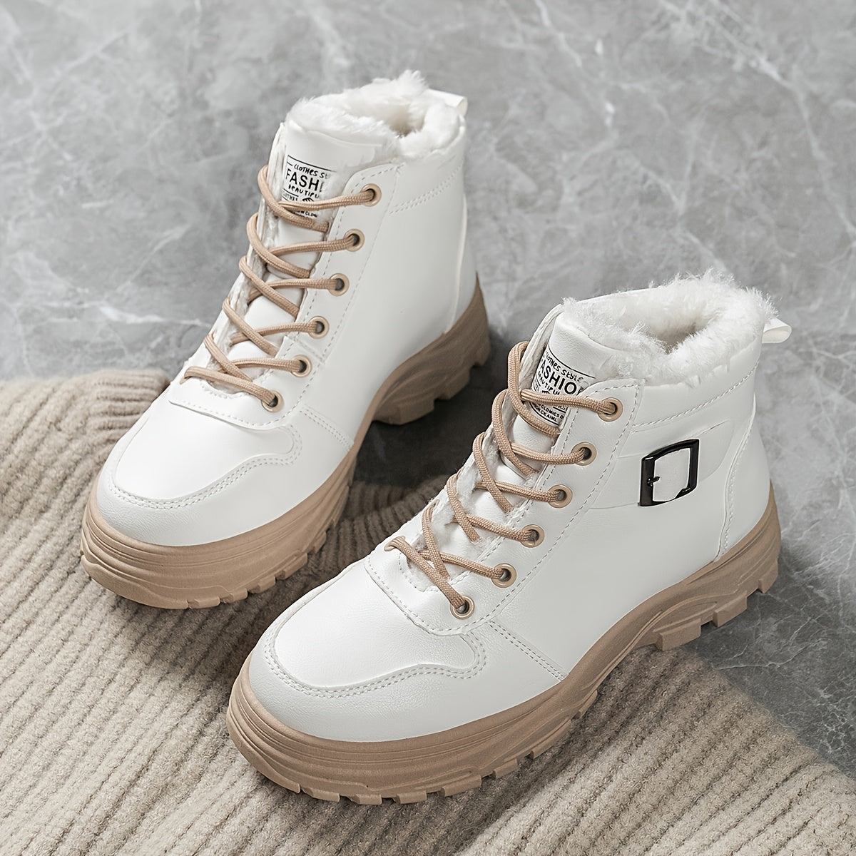 Women’s Winter Black and White Plush Slip-On Boots for Plus-Size Outdoor