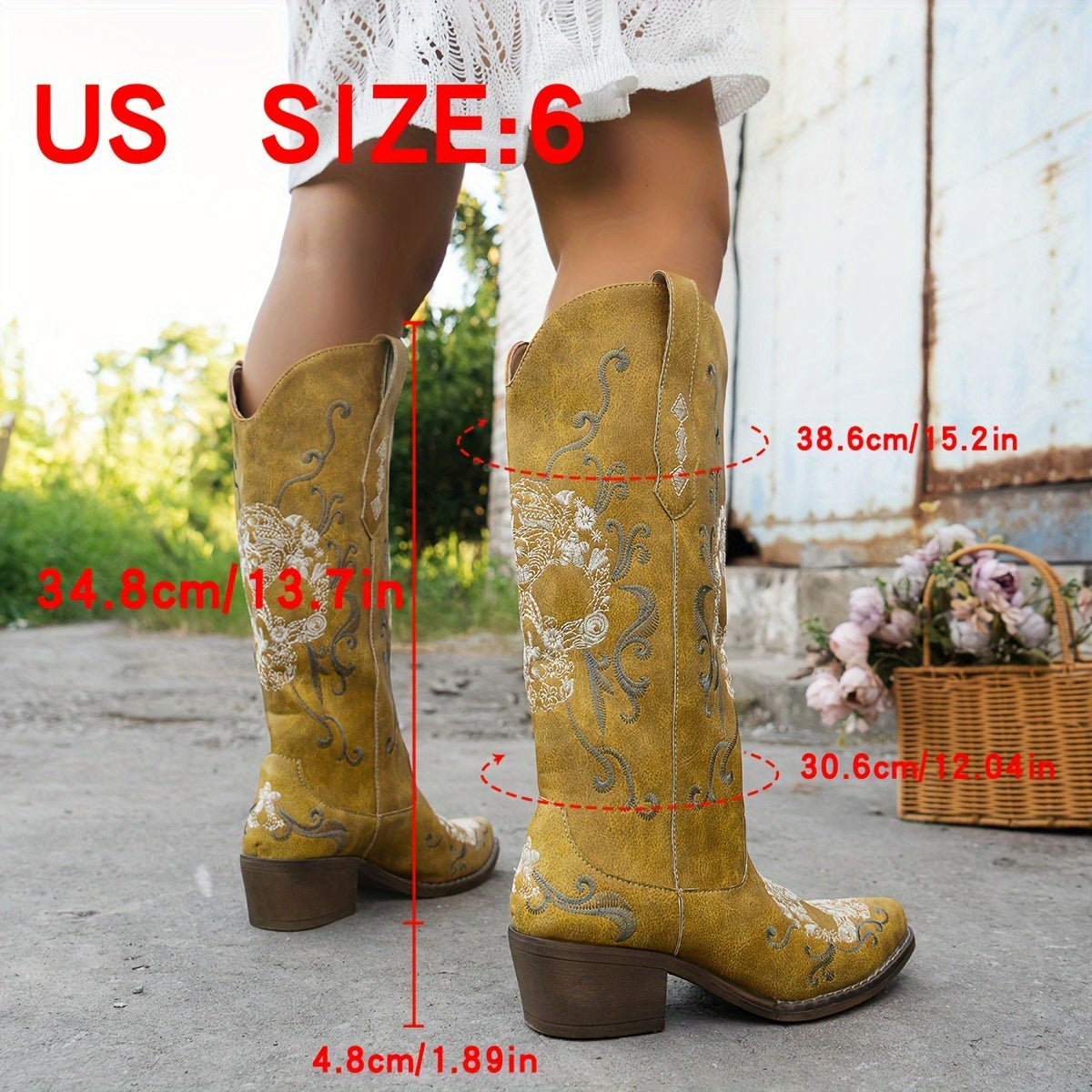 Women's Western Cowboy Boots with Floral Embroidery Black Faux Cover Square Toe