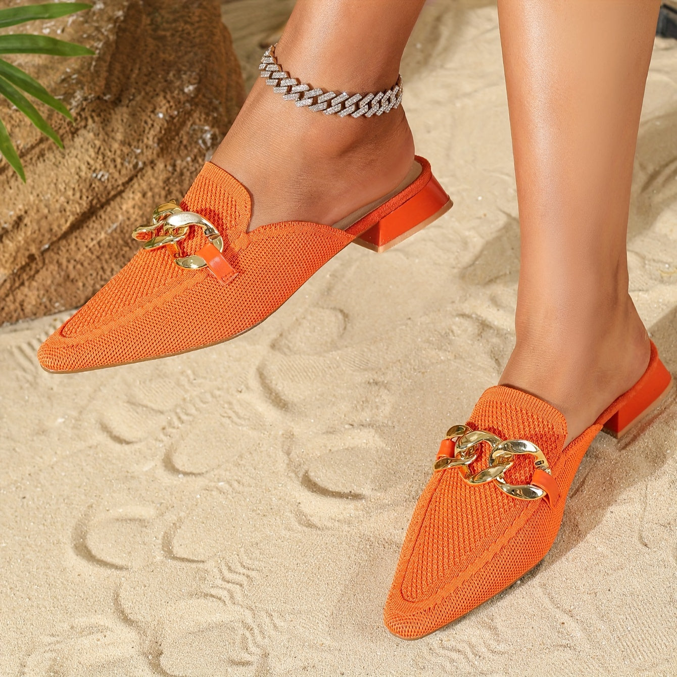 Women's Knitted Mules with Metallic Chain, Breathable Slip-On Shoes