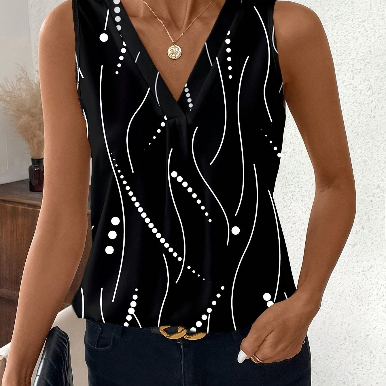 Women's V-Neck Sleeveless Blouse Lightweight Polyester Black Beige Abstract Print