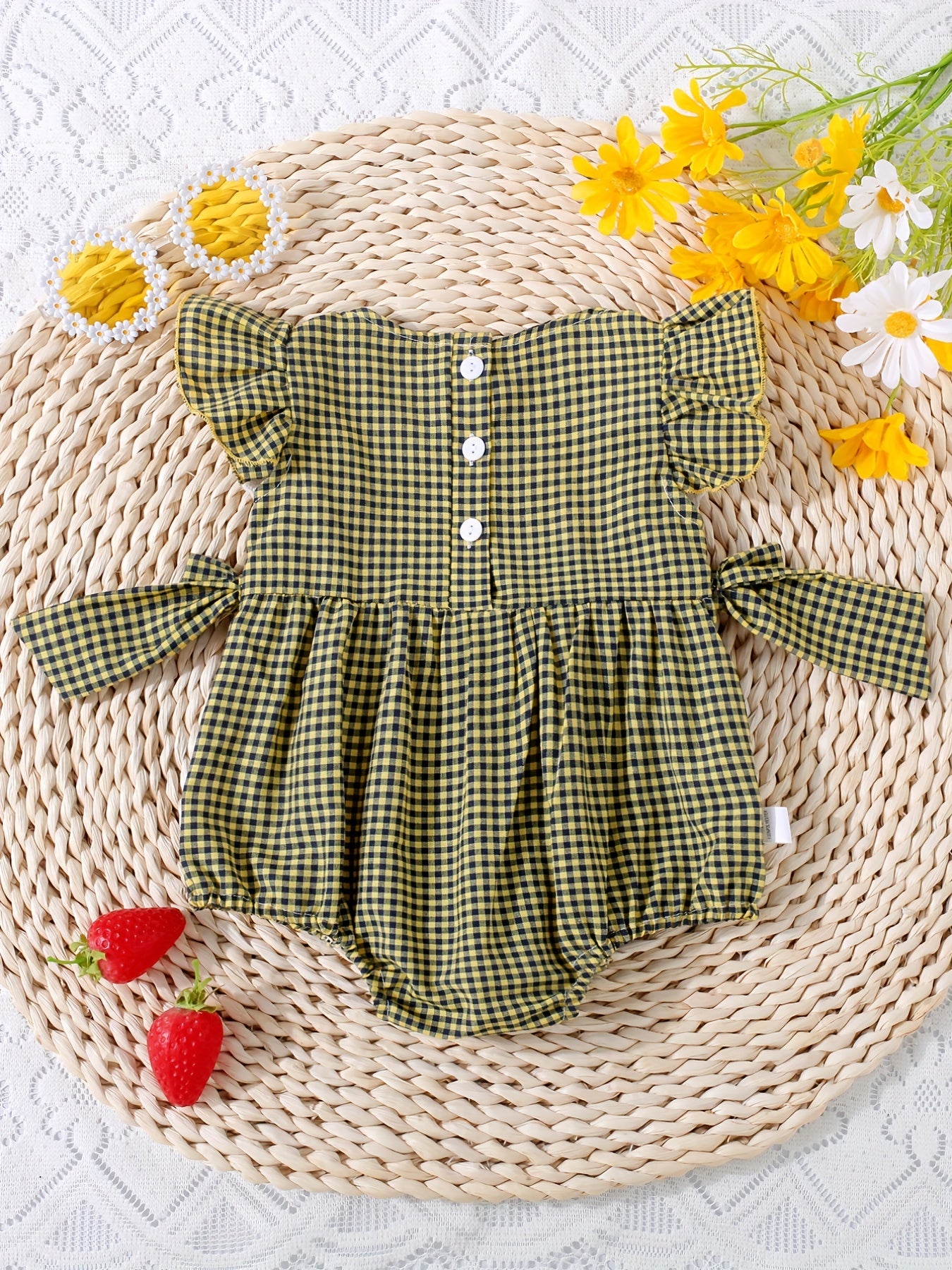 Baby Girls Plaid Onesie with Strawberry Embroidery and Bow Details for Casual Outdoor Wear