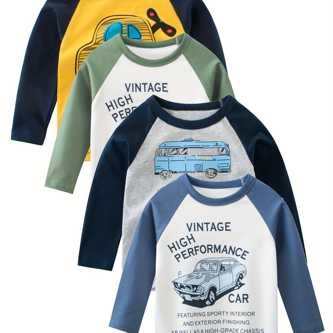 Set of 4 Boys Vintage Car Print Cotton T-Shirts Casual Kids Clothing