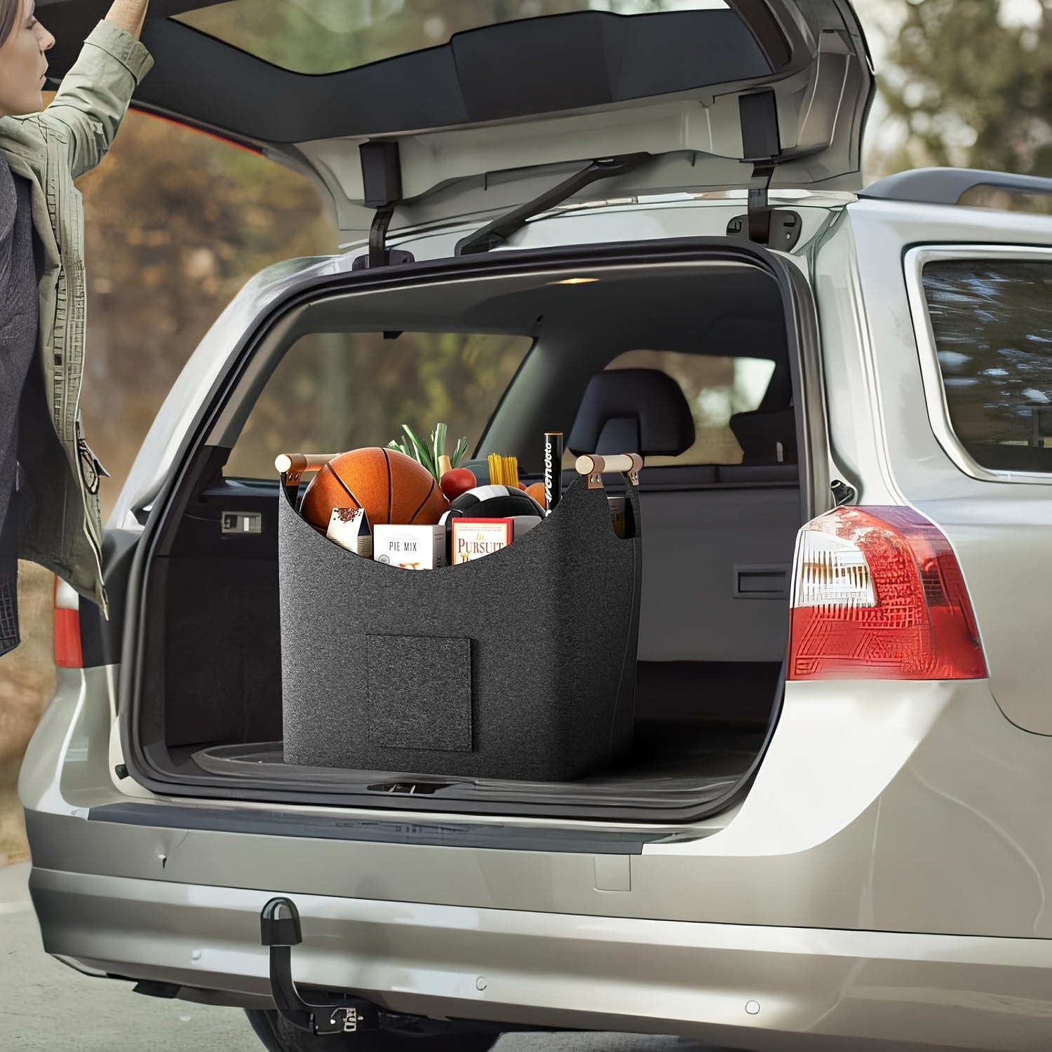 Large Dark Grey Felt Log Basket with Handles for Firewood Storage and Fire Pit