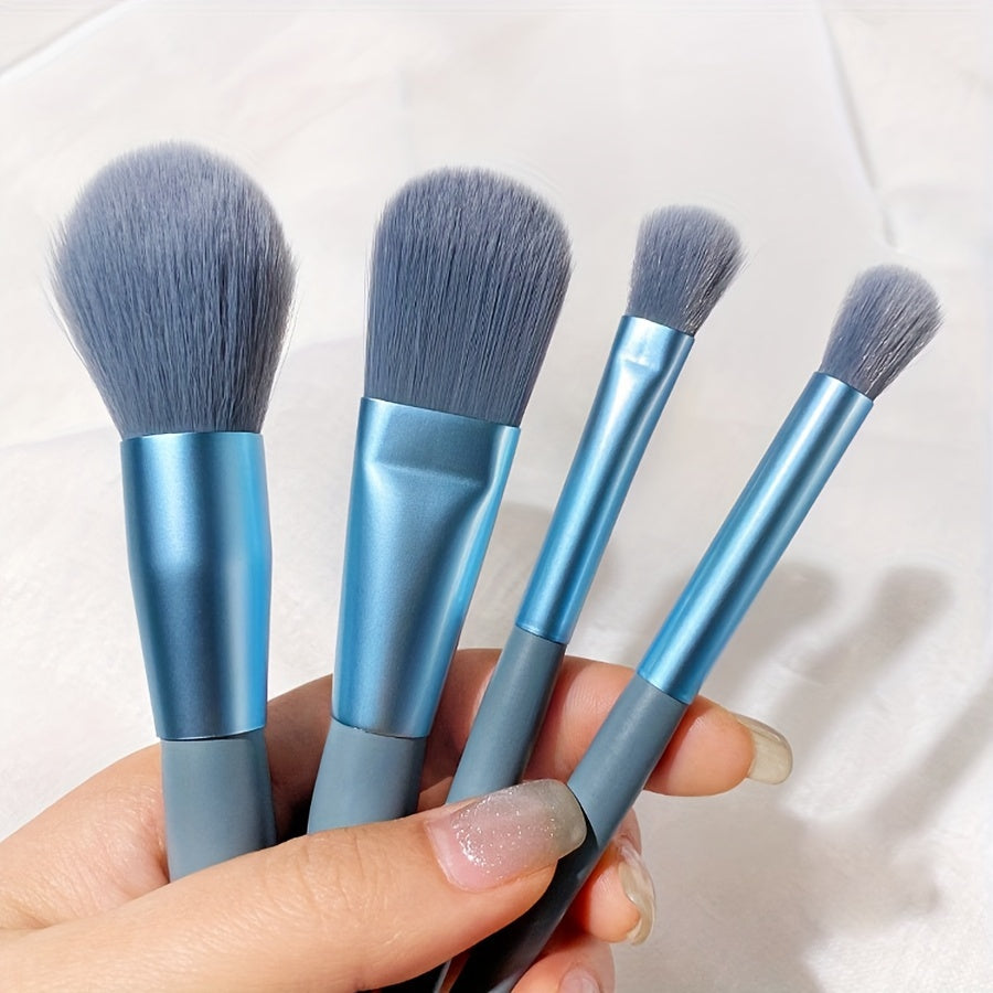 8-Piece Blue Facial Makeup Brush Set for Beginners Portable Travel-Friendly