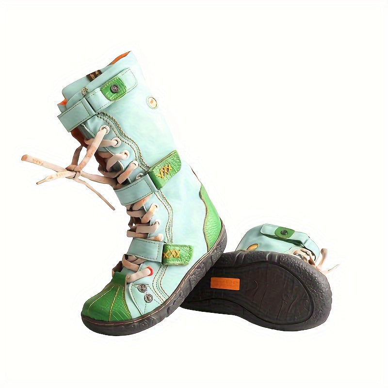 Women's Colorblock Boots with Side Zipper Soft Sole Buckle Platform Western Round Toe