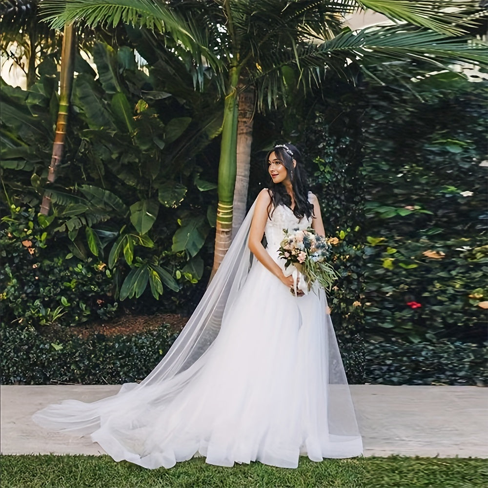 Velo de novia, capa, mantilla de tul con encaje floral, accesorio largo y transparente para novia