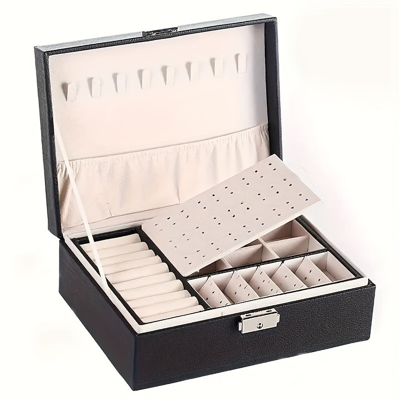 Caja de almacenamiento para joyas para pendientes, anillos y collares con doble capa y cerradura