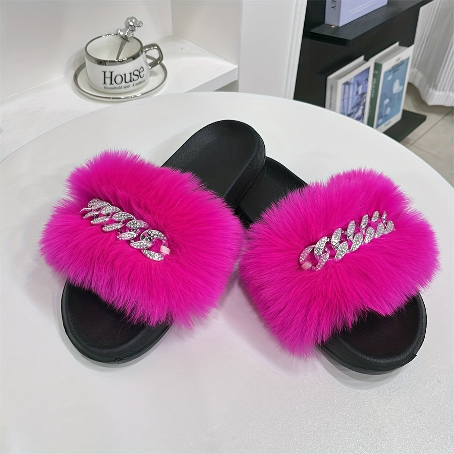 Women's Rhinestone Chain Flat Sandals Faux Fur Summer Casual Slides