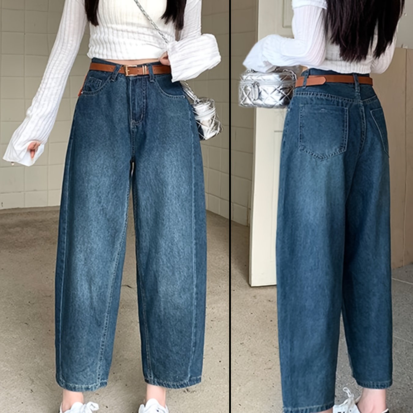 Women's Denim Jeans Casual Slimming Loose Fit Cropped Mid-Rise Pockets