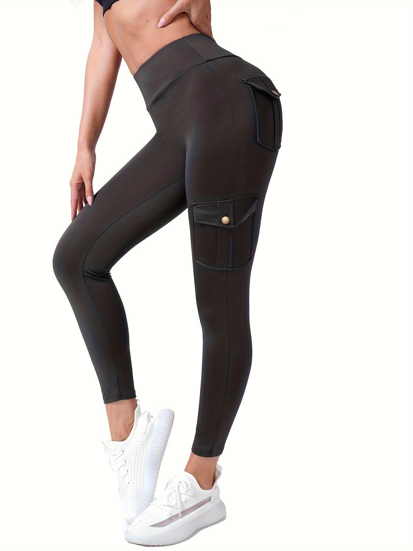 High Waist Leggings with Four Pockets Solid Color Mid Elasticity Knit Fabric for Women