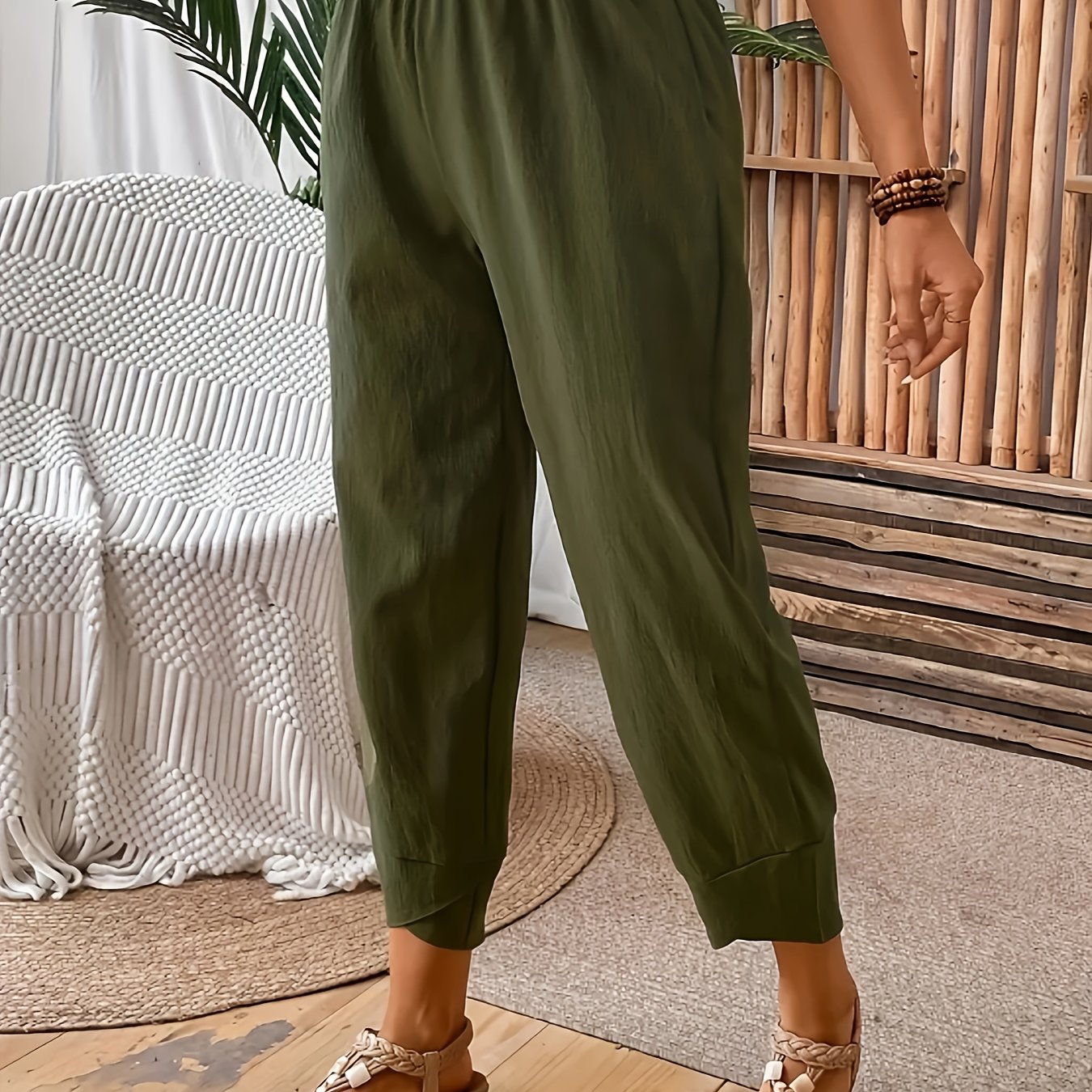 Women's Green Stretch Waist Straight-Leg Pants High-Rise Comfortable Fit
