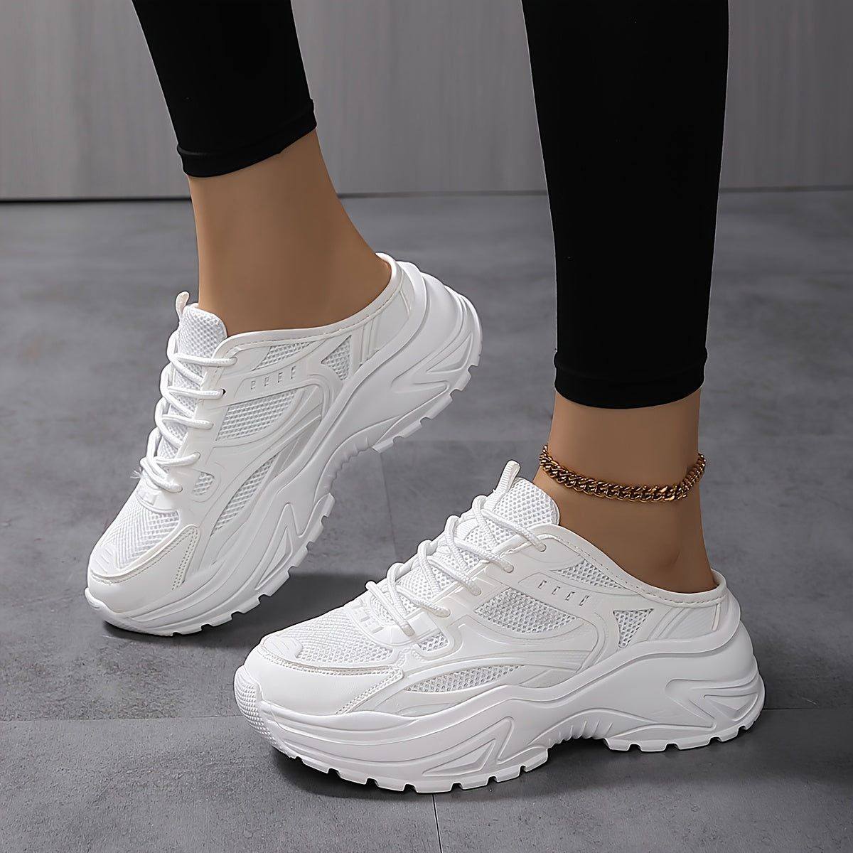 Women’s Chunky Sneakers Breathable Mesh PVC Low Top Lace-Up Shoes