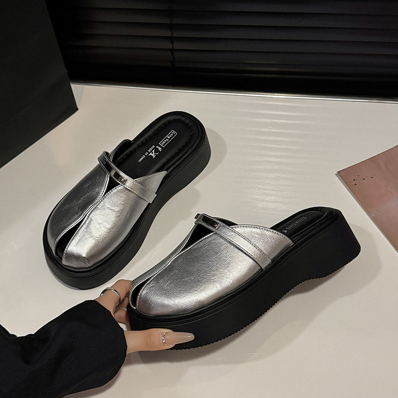 Women's Casual Mules Leather Elegant Flat Shoes Comfortable Black