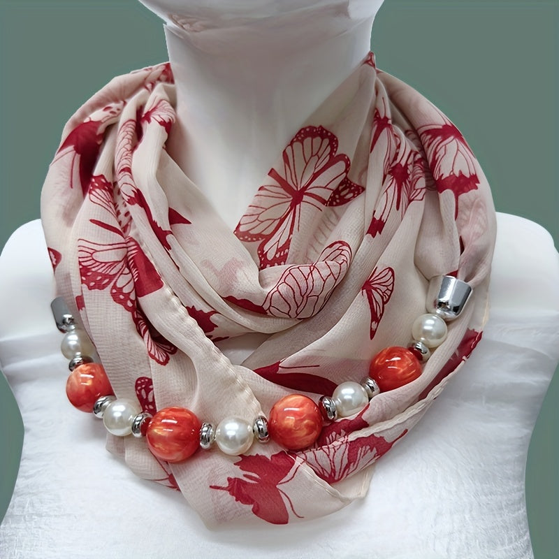 Beaded Necklace Scarf Women’s Chiffon Imitation Ceramic Beads Infinity Accessory