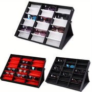 Upgraded 18-Slot Glasses Organizer with Clear Lid Fabric Lining and Snap Closure