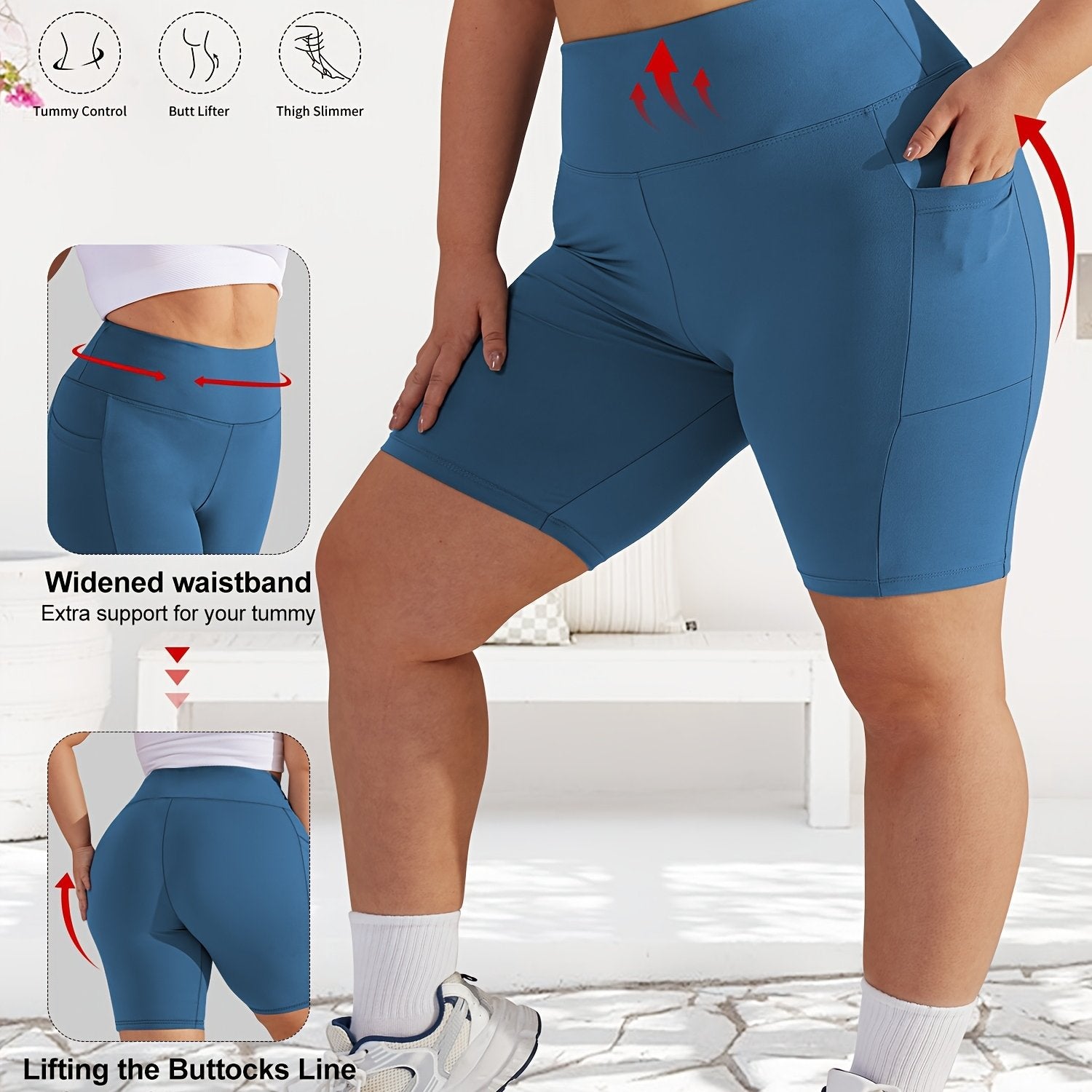 Women's Plus Size High-Waist Tummy Control Workout Shorts with Pockets