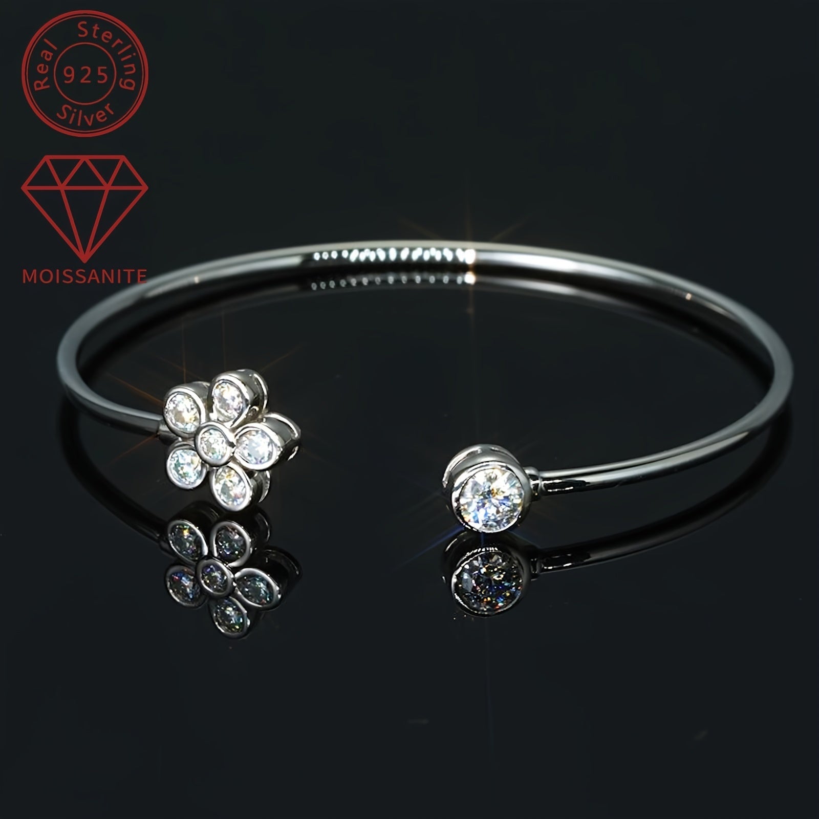 Open Cuff Bracelet for Women with Synthetic Moissanite Stones 925 Silver 14K Gold Plating April Birthstone Elegant Floral Design