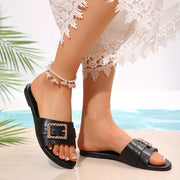 Women's Flat Sandals with Metal Buckle Open-Toe Summer Shoes Black