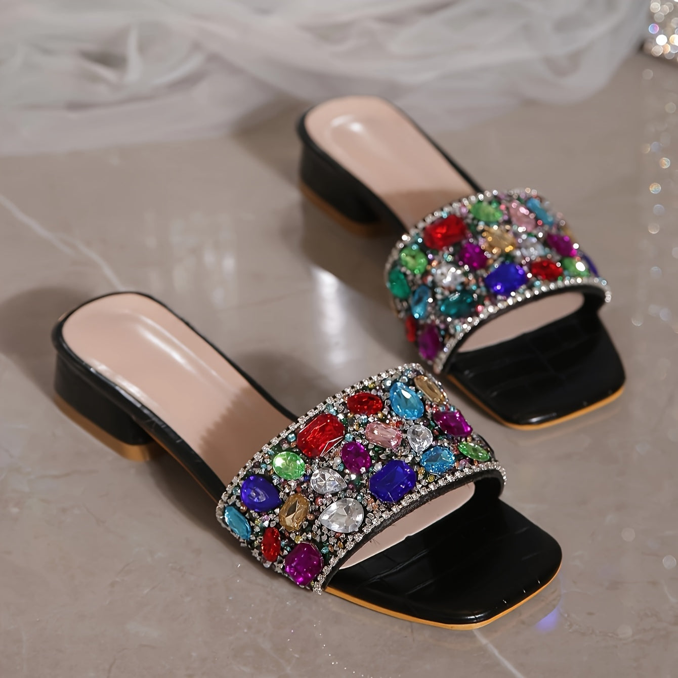 Women's Colorful Rhinestone Flat Slide Sandals for Summer Beach