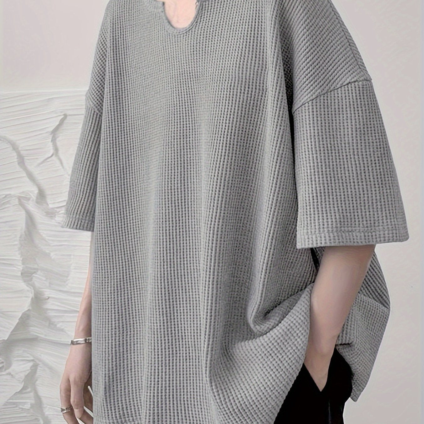 Мужская повседневная текстурированная футболка с V-образным вырезом и опущенными плечами свободного кроя для лета, размеры S-5XL