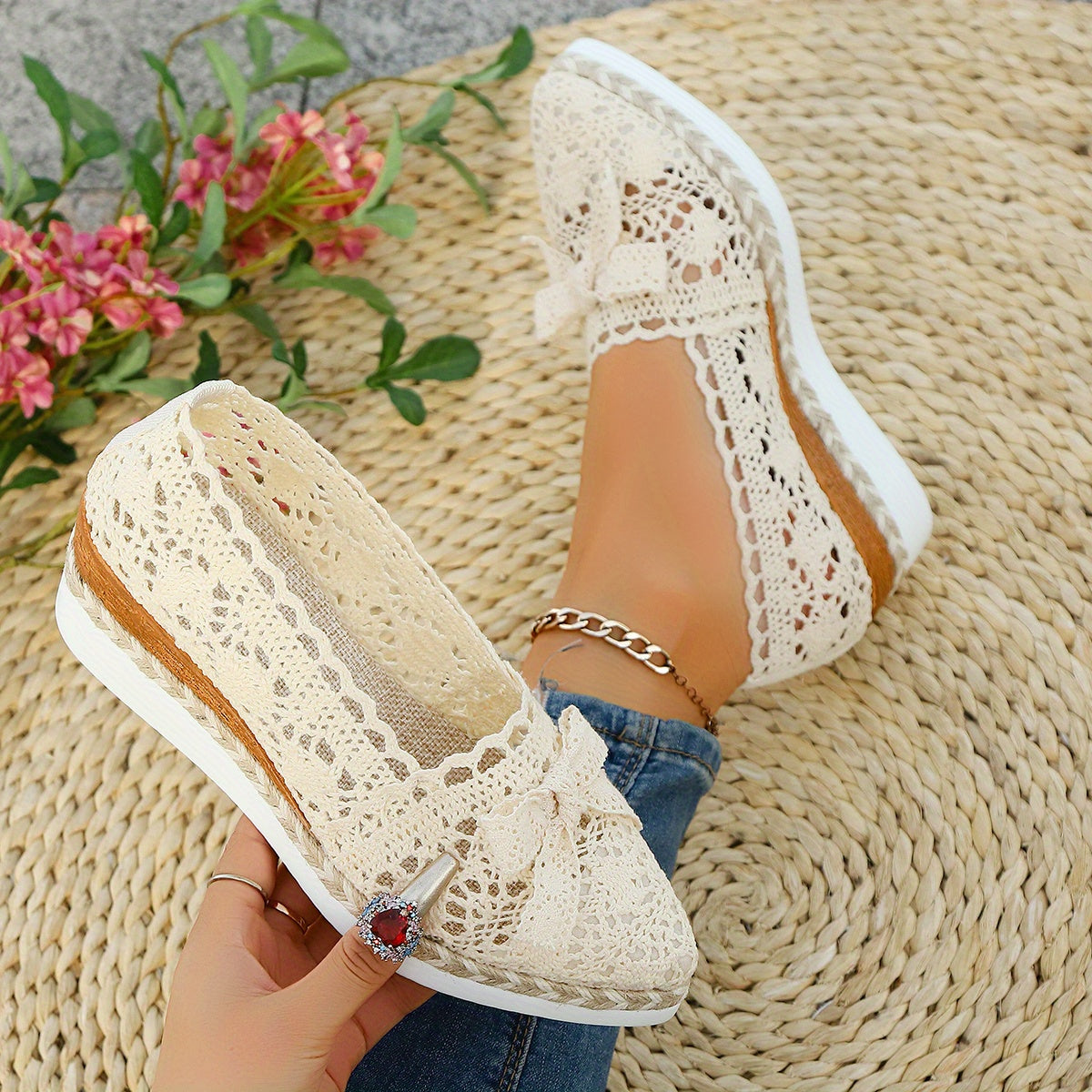 Women's Beige Floral Wedge Heeled Loafers with Rope Sole