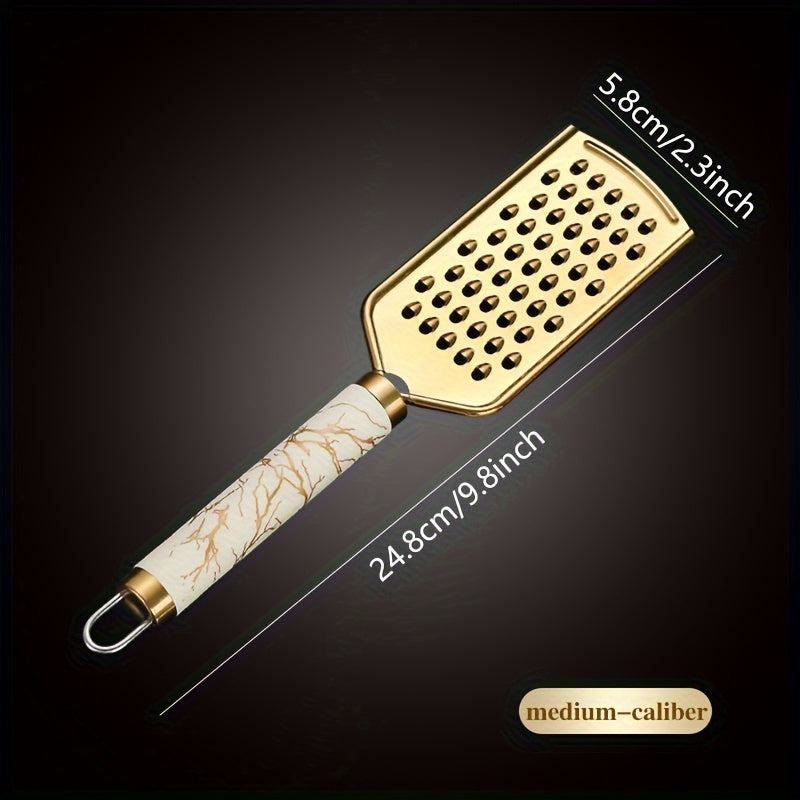 Stainless Steel Kitchen Grater for Shredding Food with Safe Handle and Gold Finish