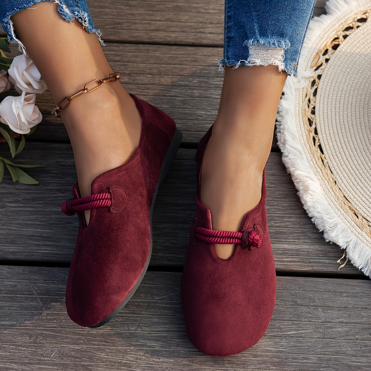 Women's Soft Sole Brown Flats, Slip-On Casual Shoes, Non-Slip Rubber