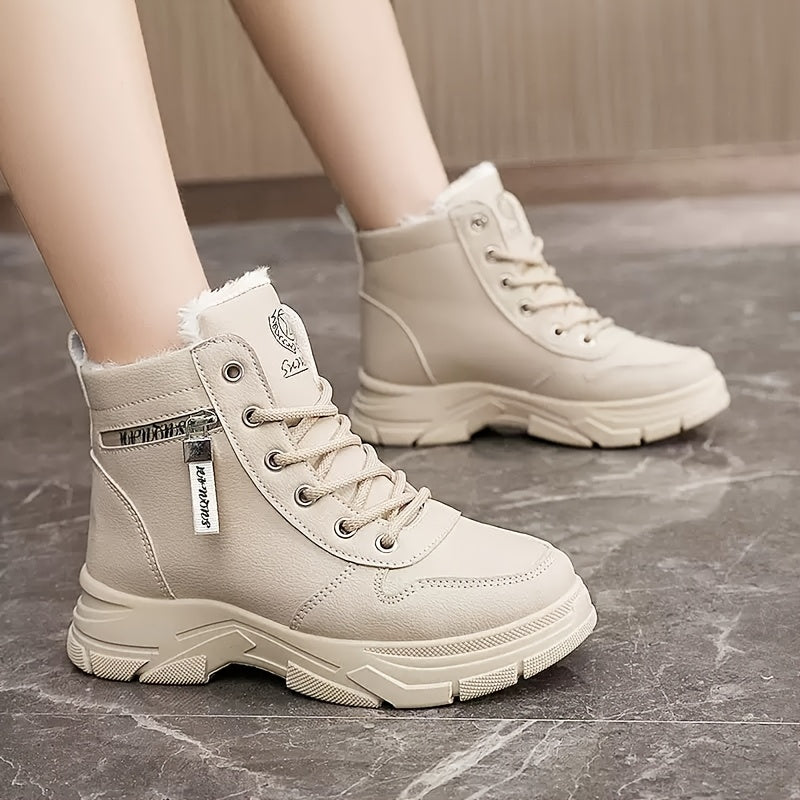 Women's Fleece-Lined Ankle Boots Beige Synthetic Casual Cold Weather