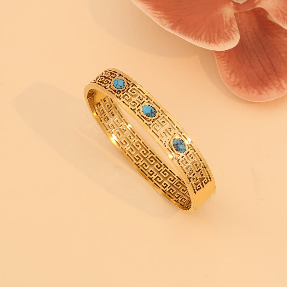 Women's Vintage Style 18K Gold Plated Stainless Steel Bracelet with Turquoise Inlay and Hollow Pattern