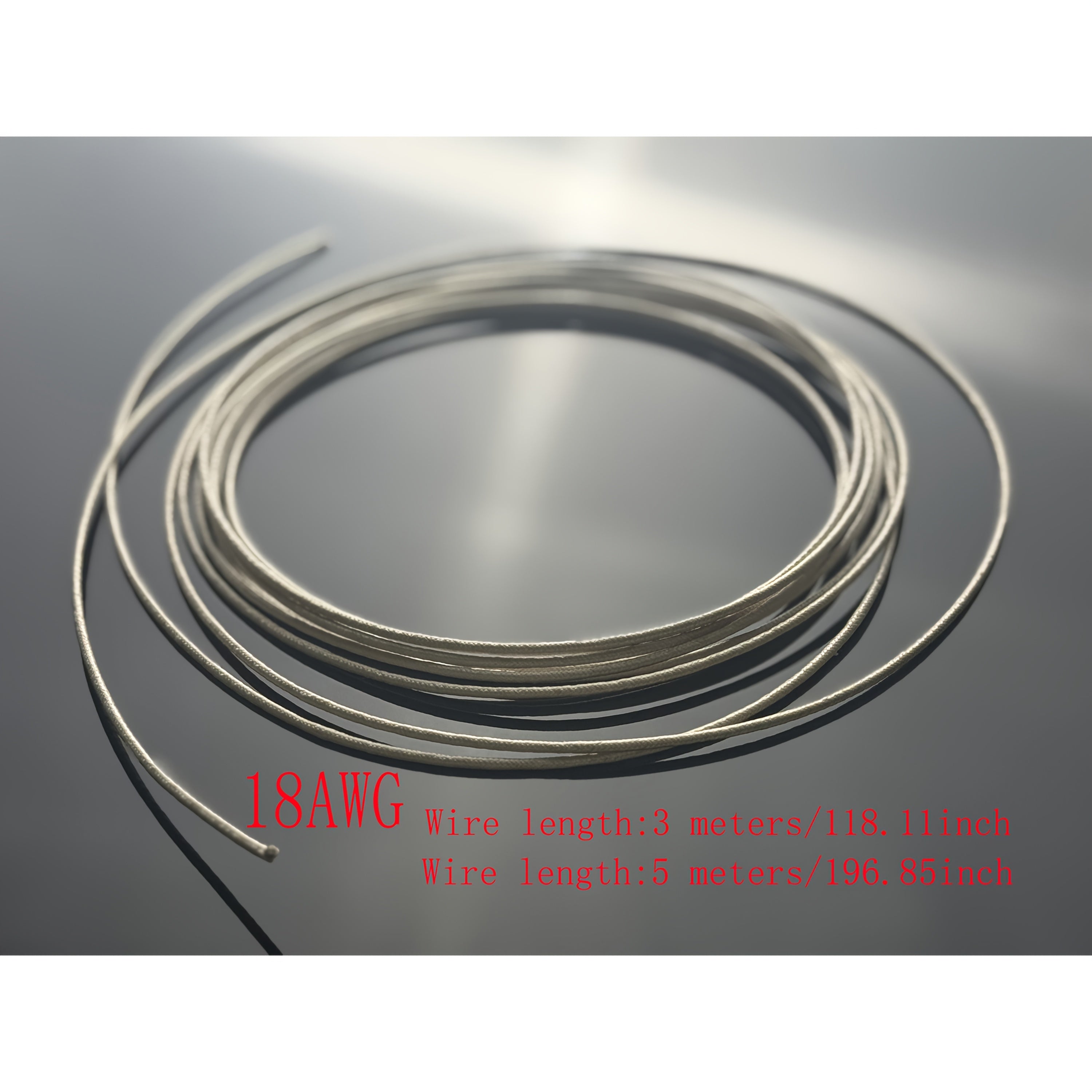 18 Gauge Yuqori Haroratli Sim 5.0 metr, ekstremal haroratlarda foydalanish uchun (-76°F dan 932°F gacha / -60°C dan 500°C gacha). Nikel mis konstruktsiyasi bilan Ikki qavatli Mica lenta Fiberglas izolyatsiyasi bilan