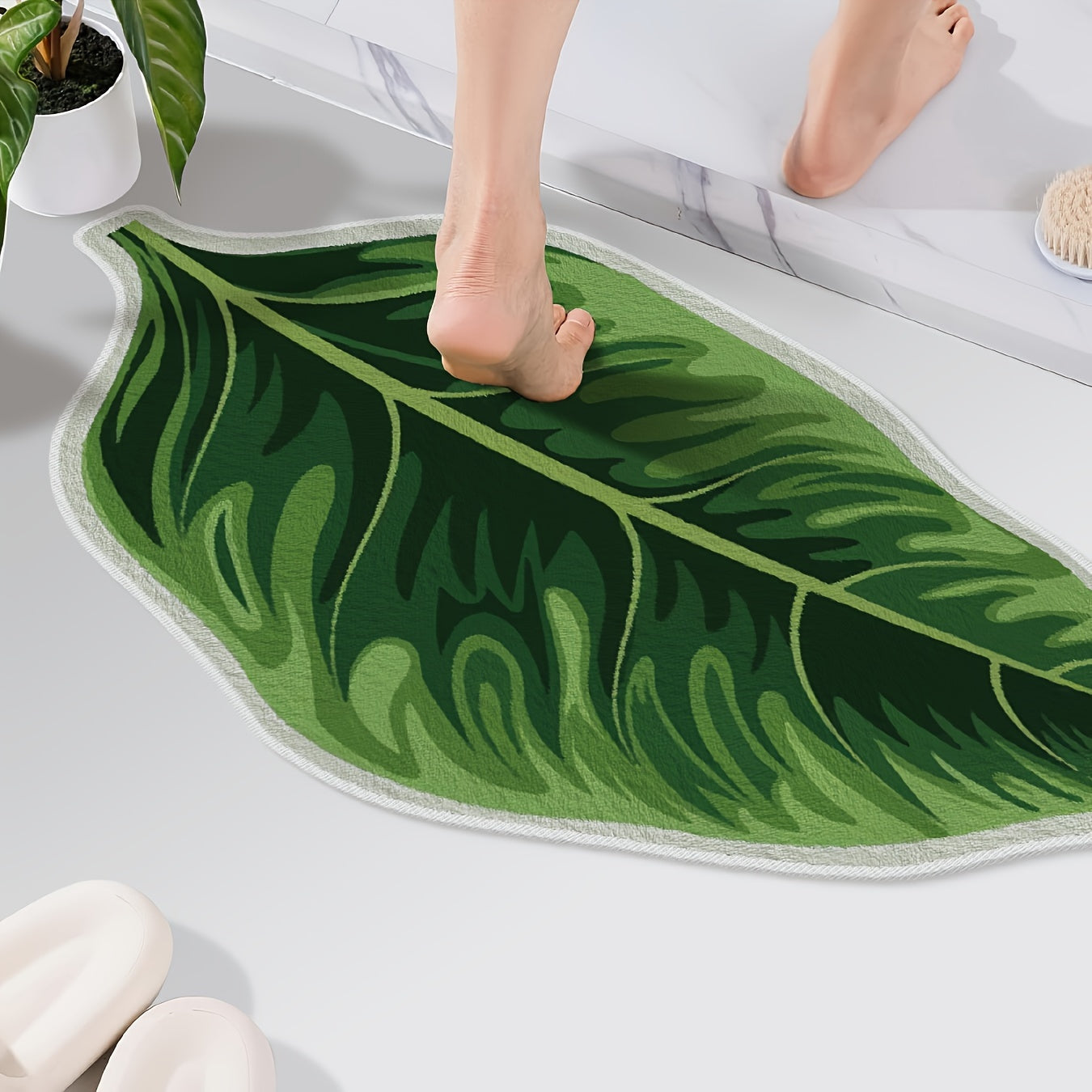 Green Leaf Velvet Non-Slip Bathroom Mat for Bedroom Living Room Floor Decor