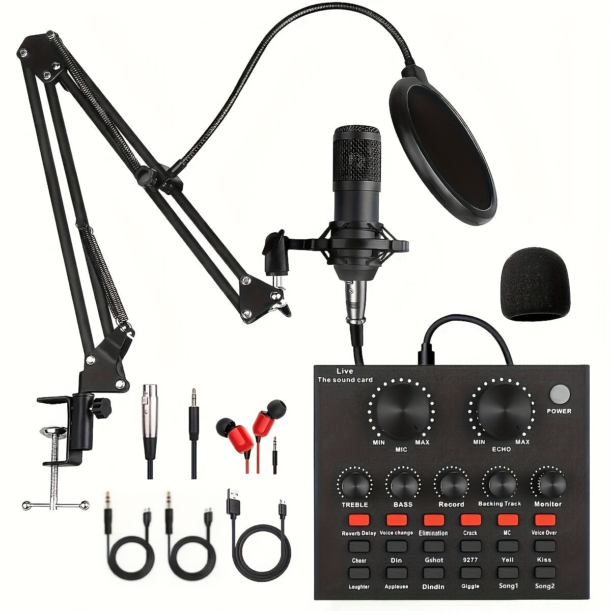 Podcast Equipment Kit with Microphone and Sound Card for Recording Streaming Gaming Black
