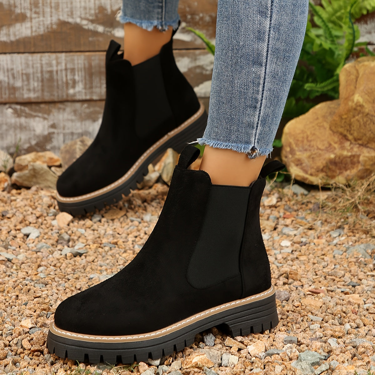 Women's Ankle Boots Slip-Resistant Platform Low Heel Black Fabric Boots