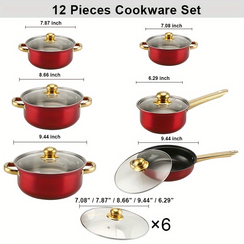 12-Piece Red Aluminum Non-Stick Cookware Set with Pots and Pans