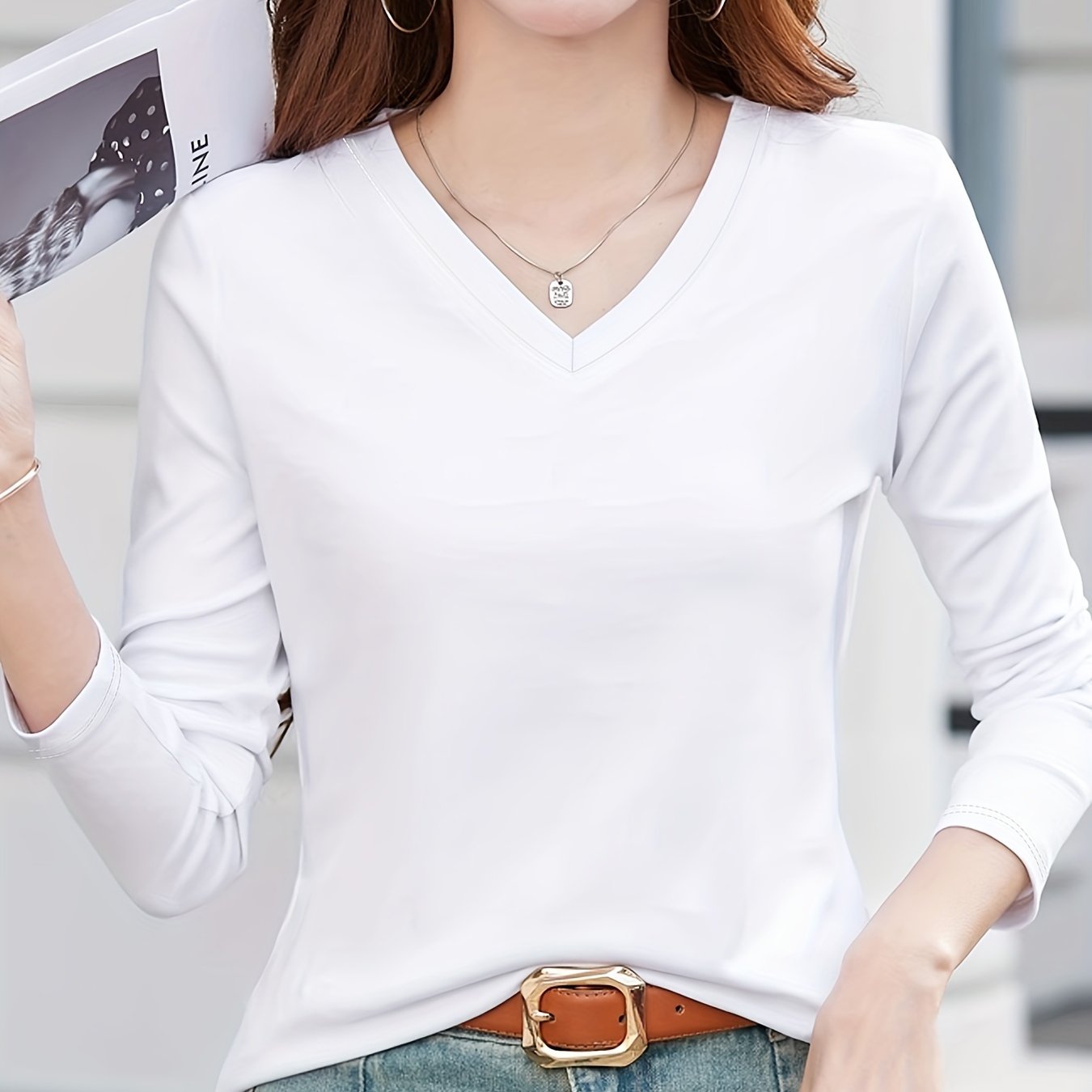 Women's Solid Color V-Neck Casual Top Polyester Spring Summer Mid Elasticity