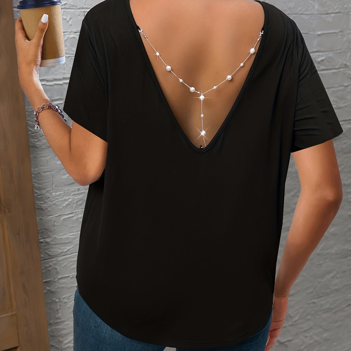Plus Size Women's Black V-Neck T-Shirt with Pearl Chain Casual Top